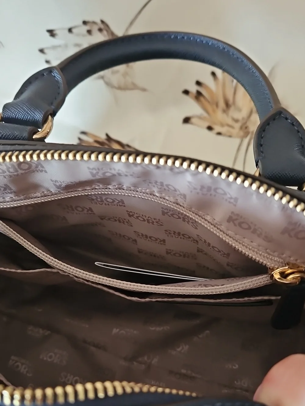MICHAEL KORS Navy Saffiano Leather Satchel/Crossbody Bag with Gold Hardware
